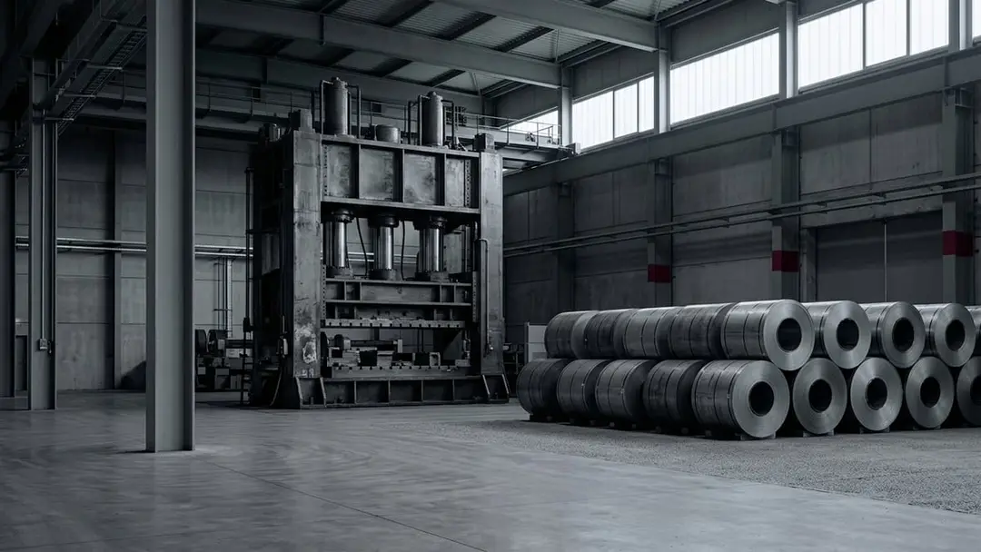 Industrial press and steel coils in a dim warehouse