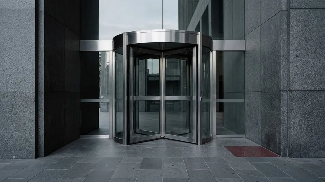 Steel revolving door at the entrance of a granite office tower