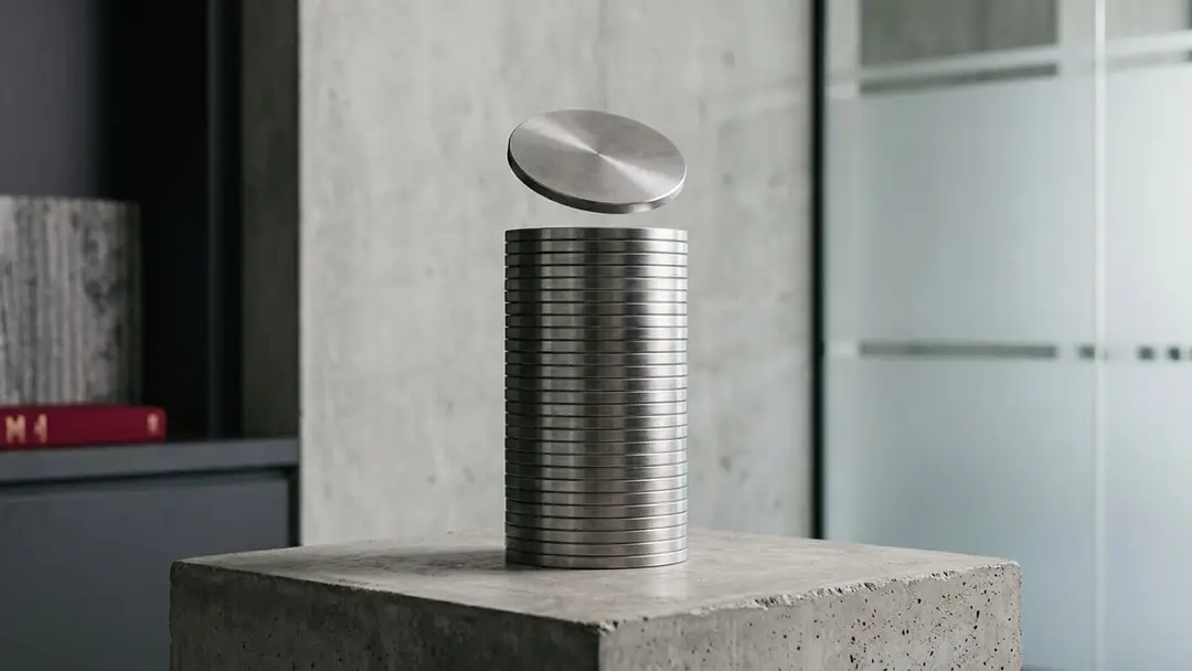 Stack of brushed steel discs on a concrete plinth with one added on top