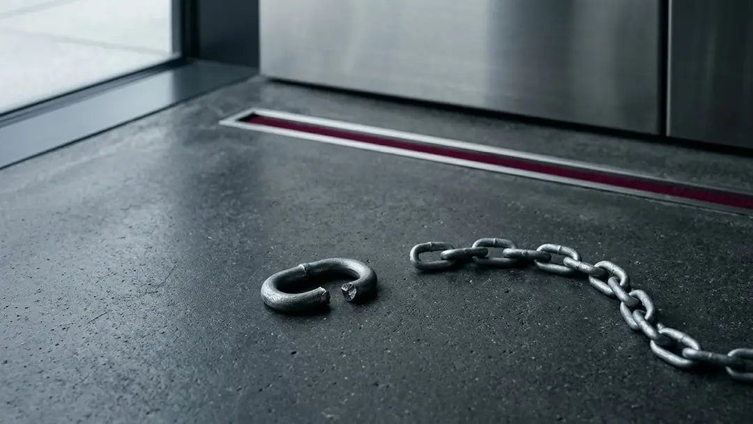 Broken steel chain link beside an intact chain on dark concrete