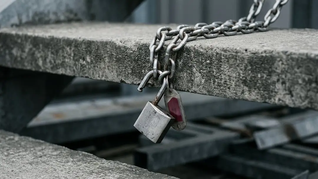 Open steel padlock on a heavy chain over a concrete step