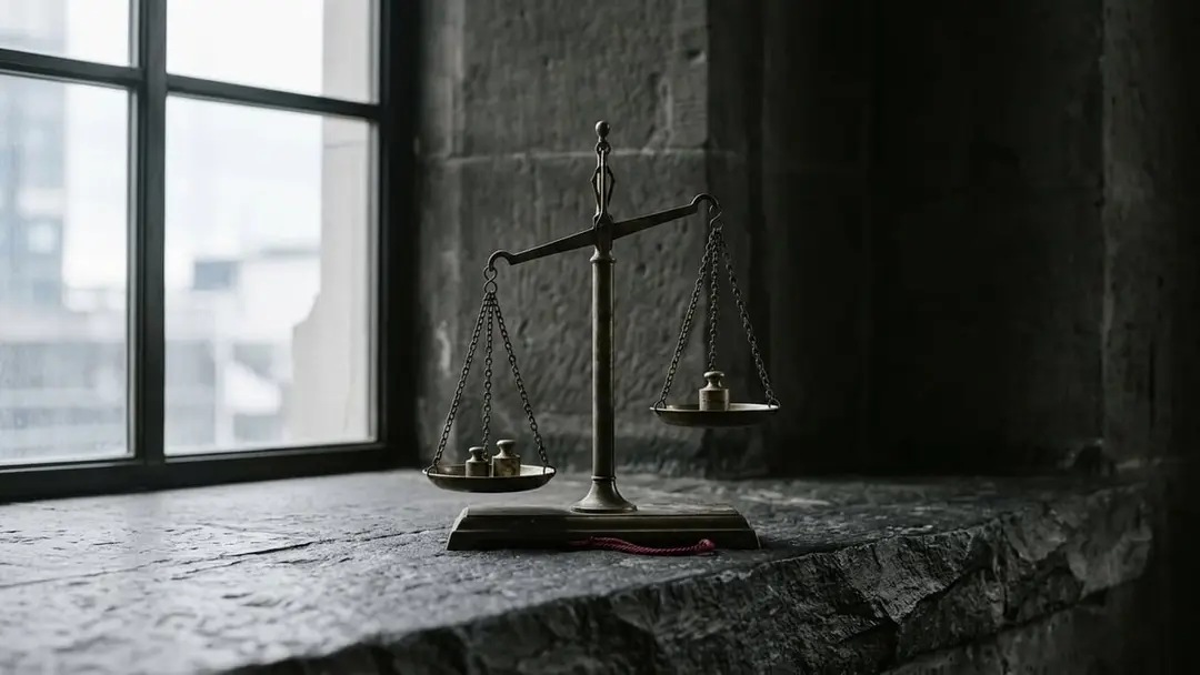 Brass balance scales on a dark stone ledge in window light